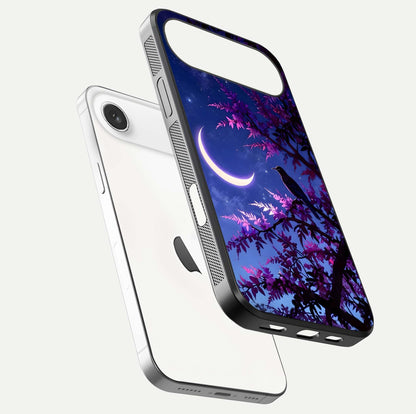 Crow & Moon Scenery Glass Case for iPhone Air  floating mockup showing HD gloss texture and soft moonlight glow