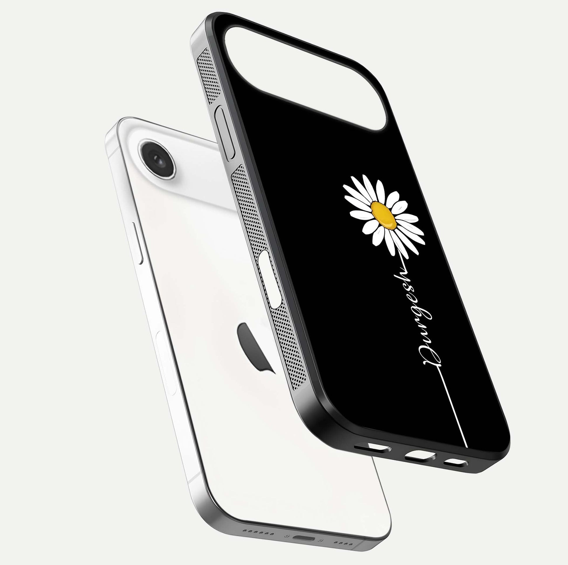 Custom Name White Flower Glass Case for iPhone Air  floating mockup displaying HD gloss and delicate texture