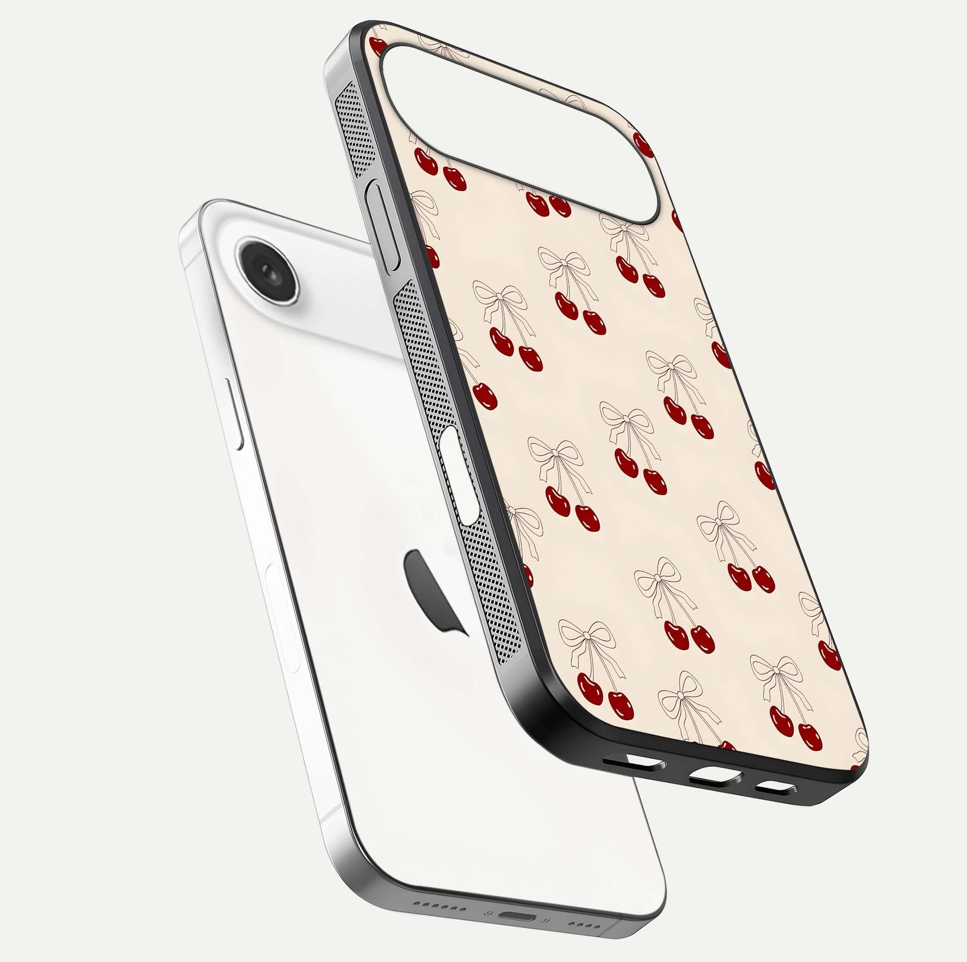 Cute Cherry Pattern Glass Case for iPhone Air  floating mockup showing HD gloss shine and clear tones