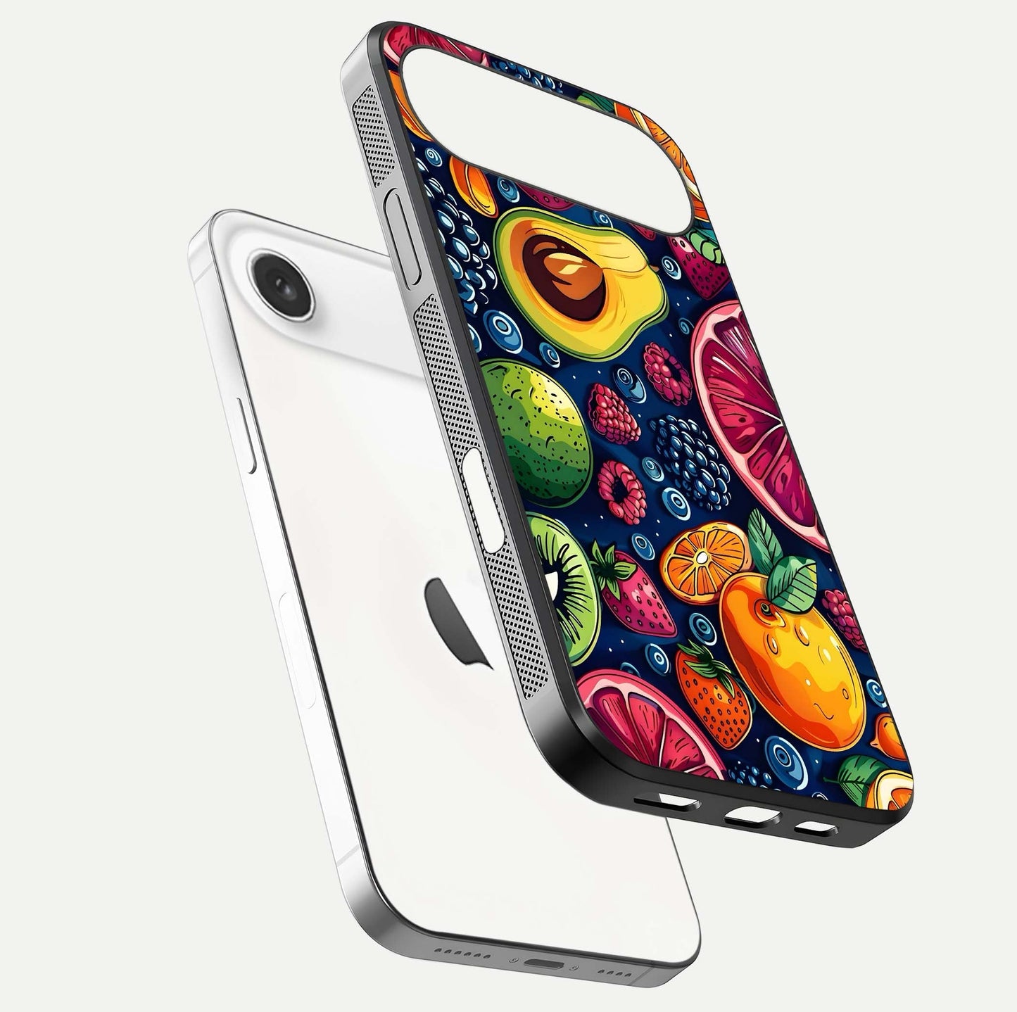 Cute Fruits Art Glass Case for iPhone Air  floating mockup showing gloss brightness and vivid artwork