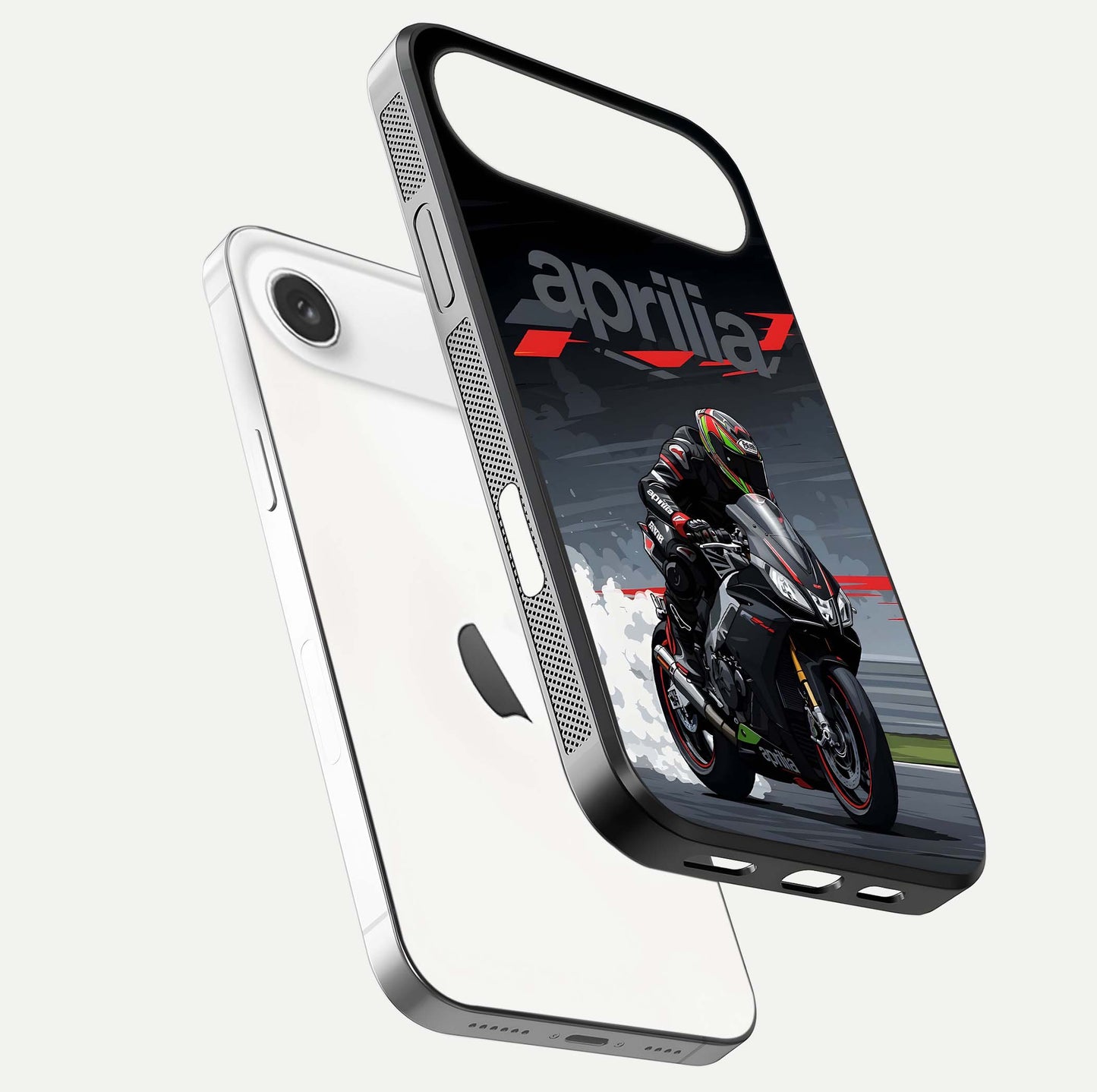 Dark Aprilla Glass Case for iPhone Air  floating mockup showing glossy contrast and texture clarity