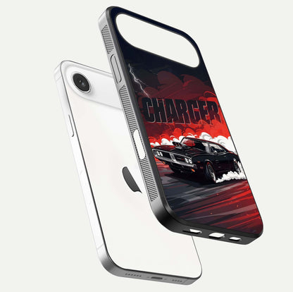 Dark Charger Fury Glass Case for iPhone Air  floating mockup showing reflection depth and shiny surface