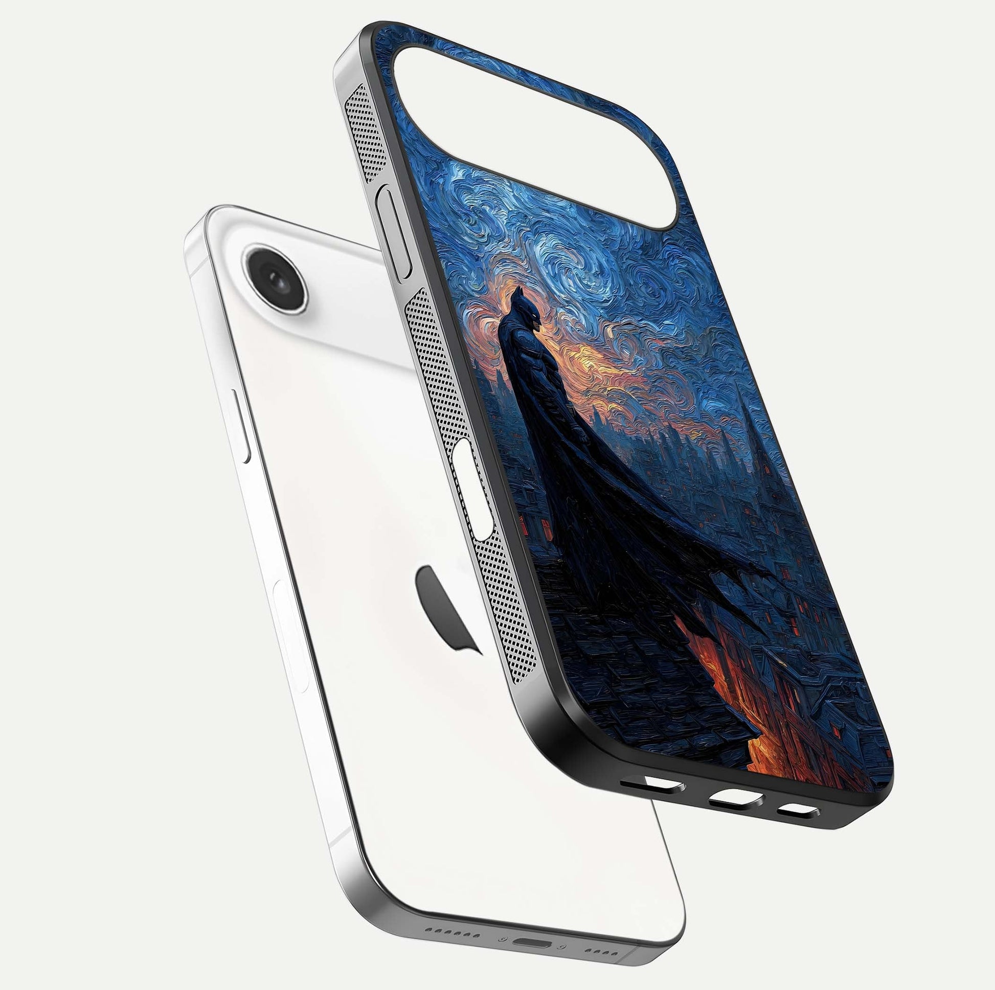 Dark Knight Dusk Glass Case for iPhone Air  floating mockup showing glossy depth and cinematic lighting