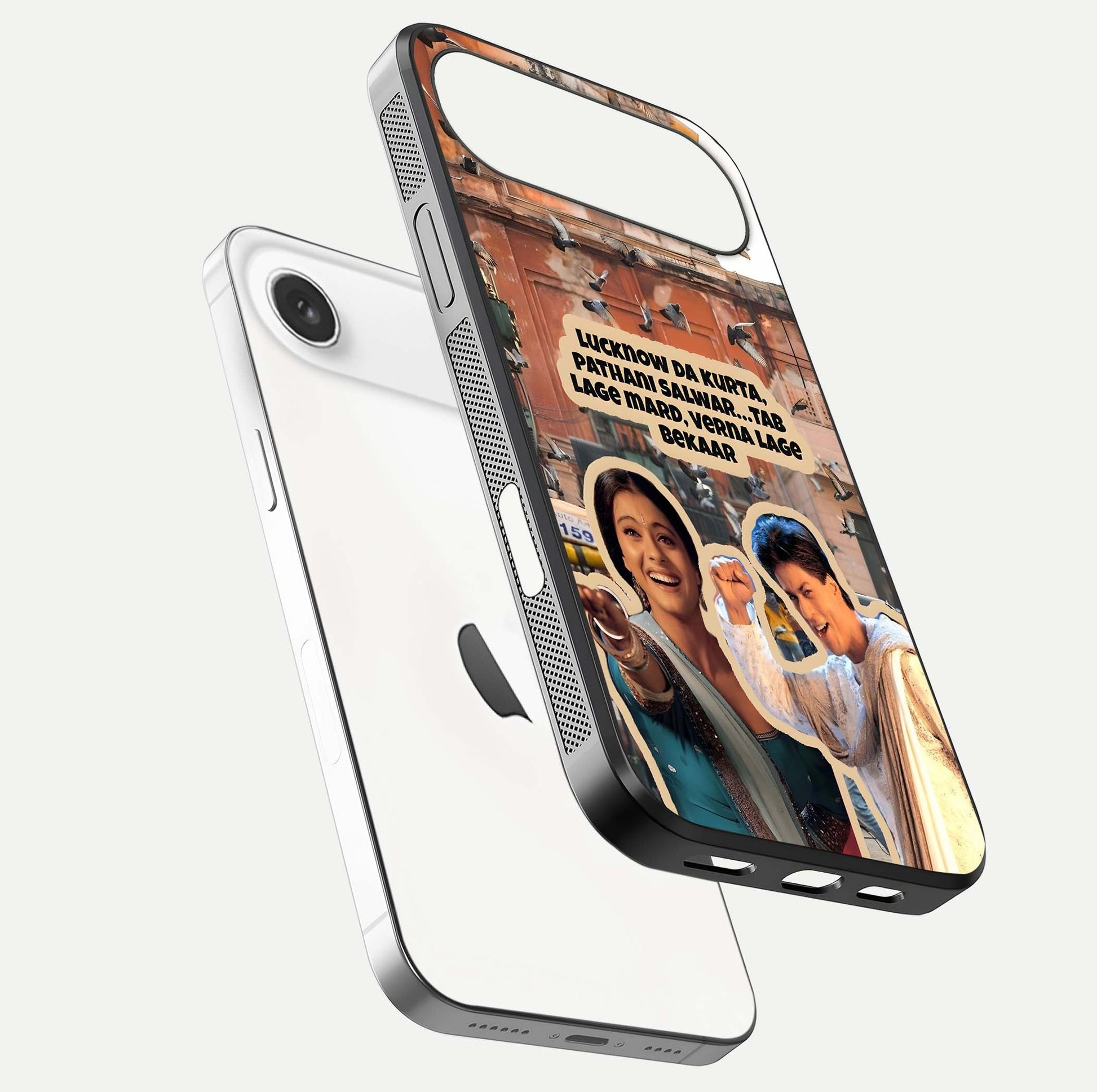 Desi Retro Vibes Glass Case for iPhone Air  floating mockup showing shine polish and vivid tones