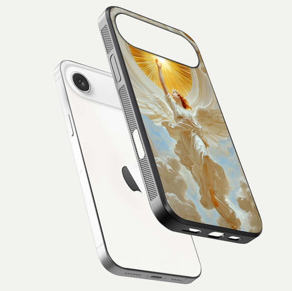 Divine Light Angel Glass Case for iPhone Air  floating mockup showing gloss texture and radiant light