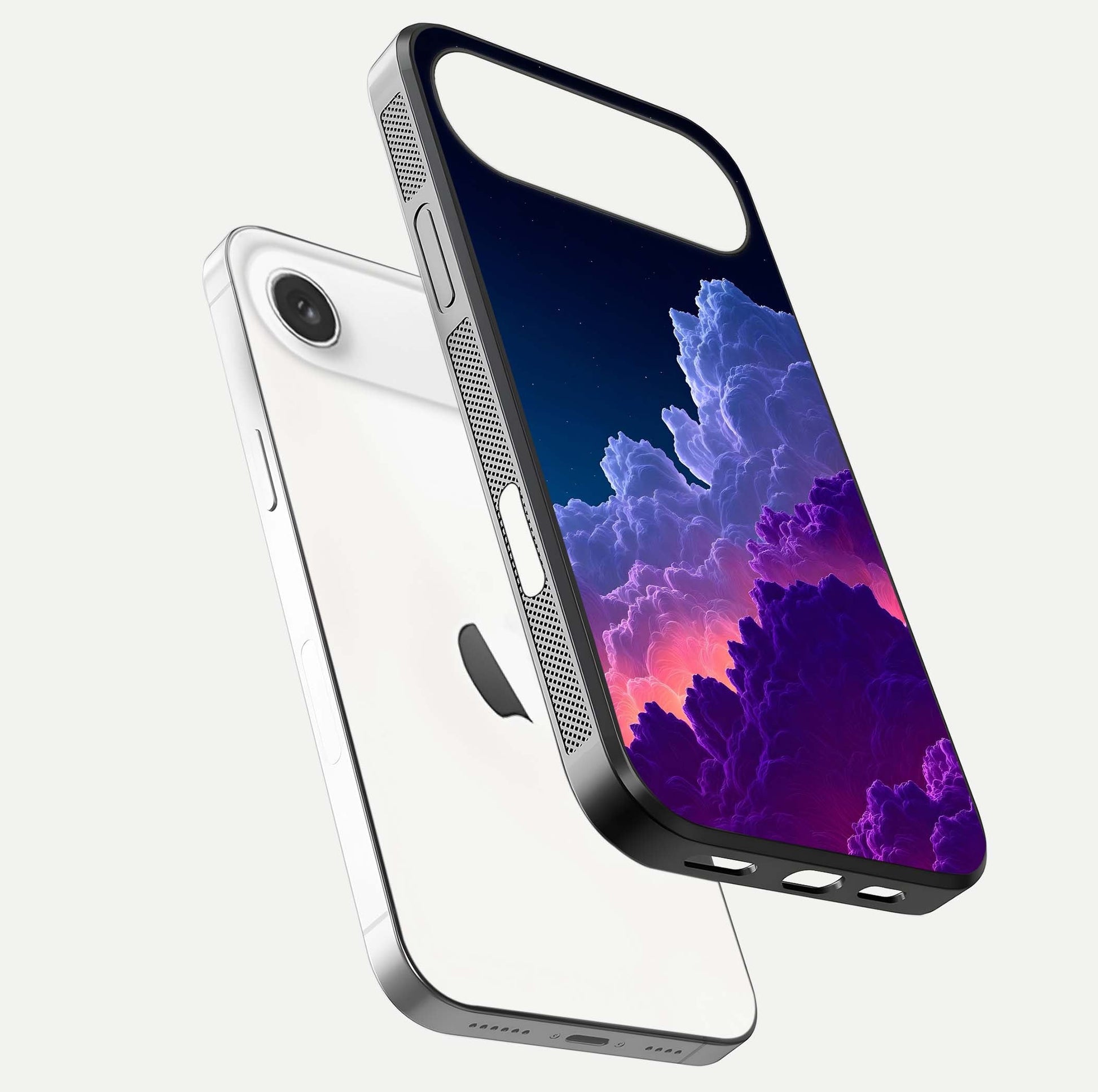 Dreamy Cloud Skies Glass Case for iPhone Air  floating mockup showing glossy depth and delicate tone