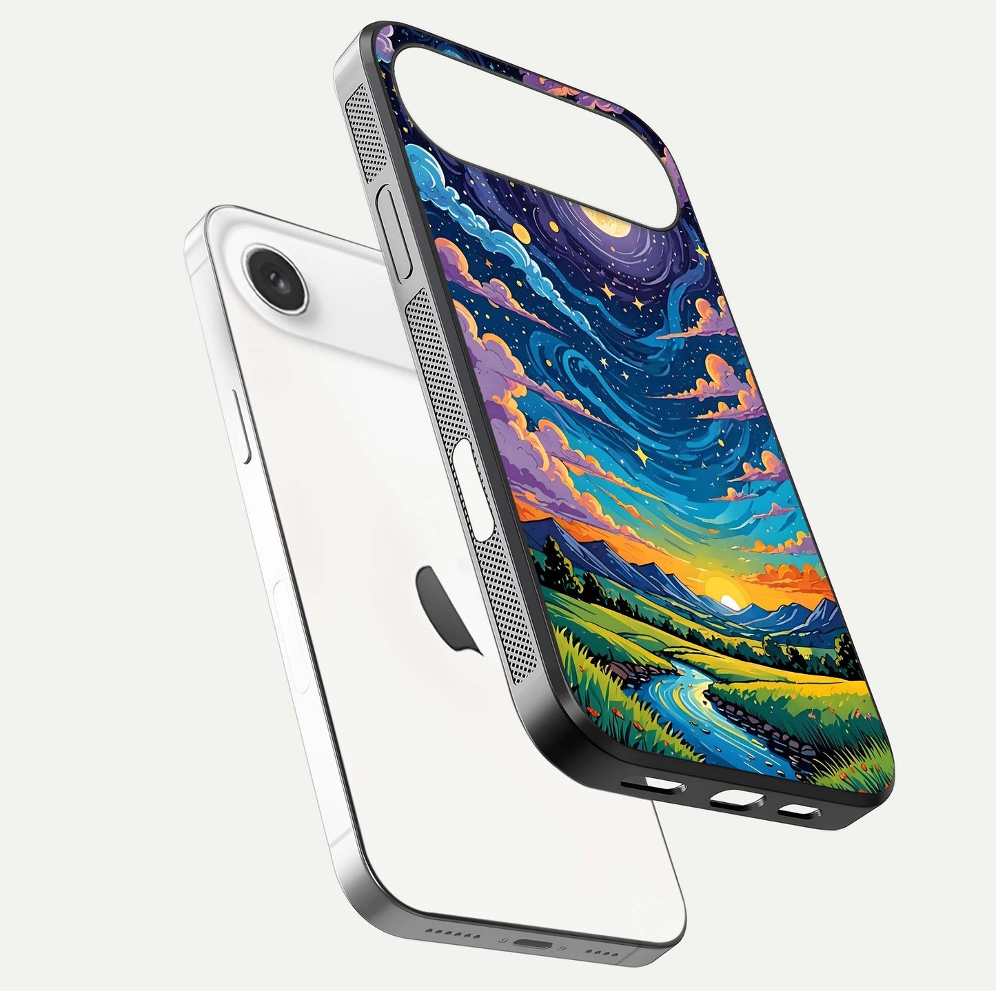 Dreamy Night Landscape Glass Case for iPhone Air  floating mockup showing glossy depth and serene color