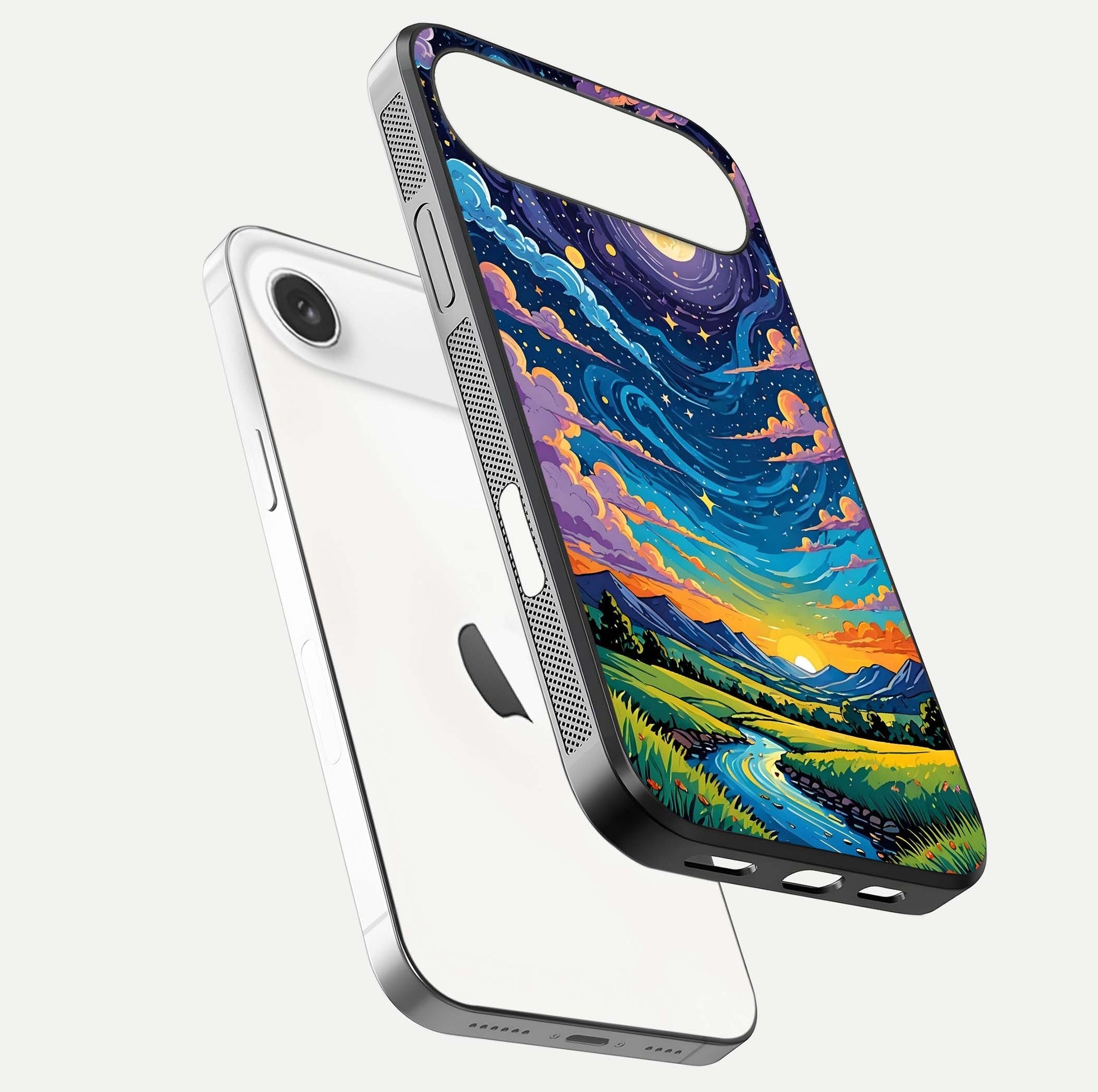 Dreamy Night Landscape Glass Case for iPhone Air  floating mockup showing glossy depth and serene color