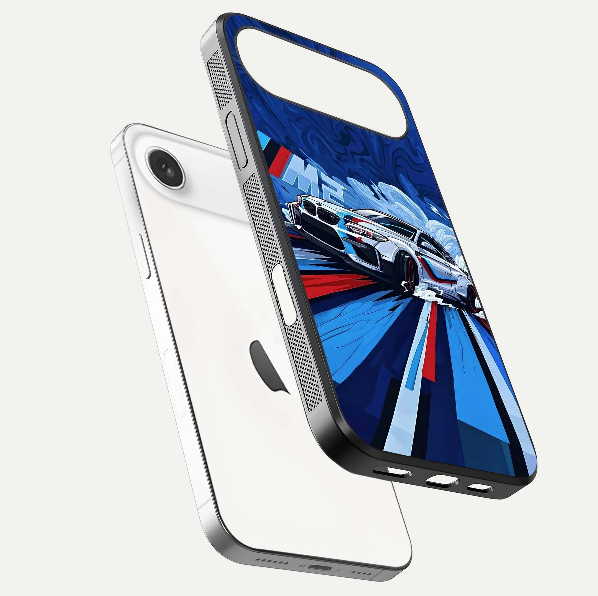 Drift Power Rush Glass Case for iPhone Air  floating mockup showing gloss polish and speed-theme design