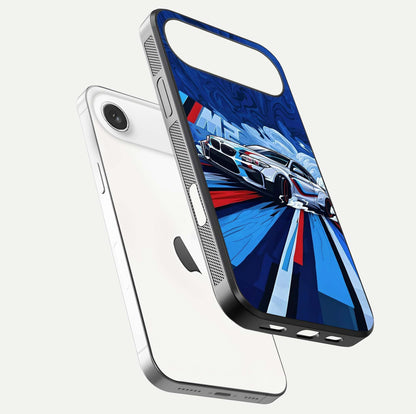 Drift Power Rush Glass Case for iPhone Air  floating mockup showing gloss polish and speed-theme design