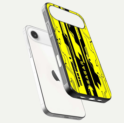 Electric Pulse CYBERPUNK Custom Name Glass Case for iPhone Air  floating mockup showing HD gloss and vibrant cyberpunk glow
