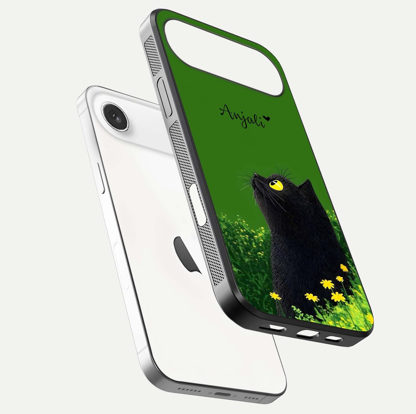 Emerald Cat Custom Name Glass Case for iPhone Air  floating mockup showing HD gloss and soft gradient