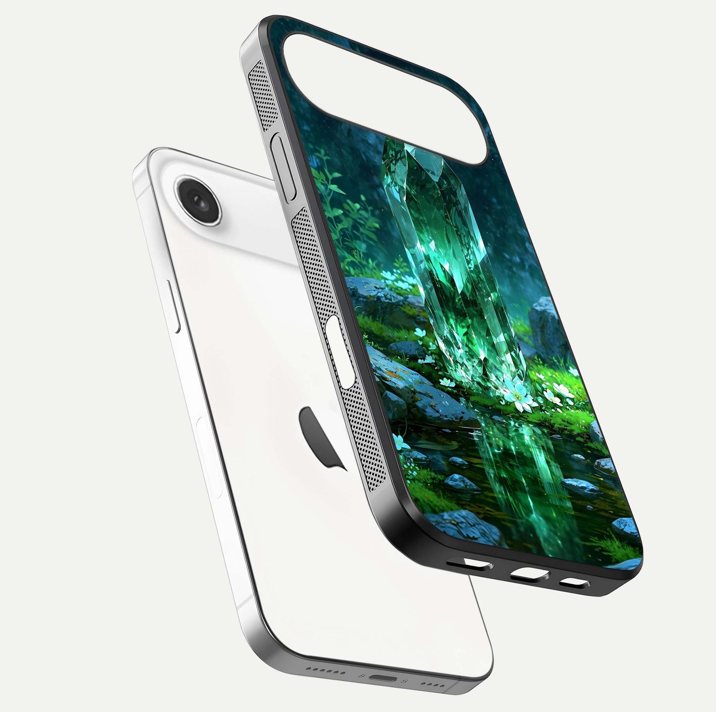 Emerald Light Crystal Glass Case for iPhone Air  floating mockup showing glossy finish and radiant light pattern
