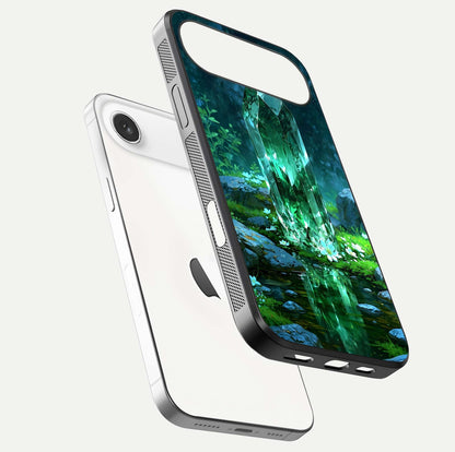 Emerald Light Crystal Glass Case for iPhone Air  floating mockup showing glossy finish and radiant light pattern