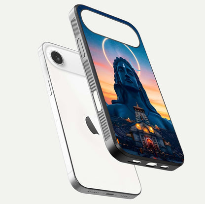Eternal Shiva Aura Glass Case for iPhone Air  floating mockup showing gloss texture and spiritual glow