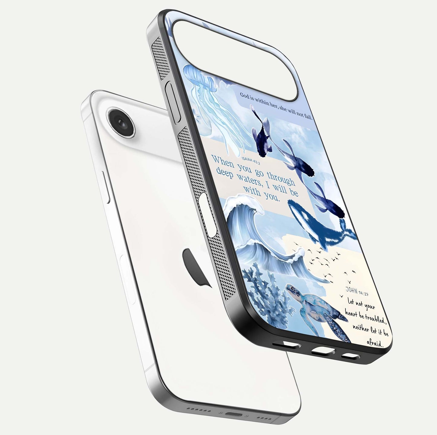 Faithful Ocean Promise Glass Case for iPhone Air  floating mockup displaying glossy surface and vivid depth