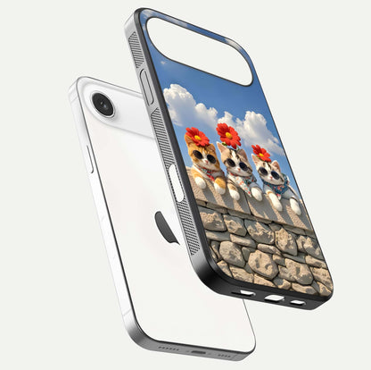 Floral Kitty Squad Glass Case for iPhone Air  floating mockup showing gloss texture and playful charm