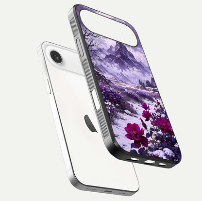 Flower Mountain View Glass Case for iPhone Air  floating mockup showing reflection glow and artistic clarity
