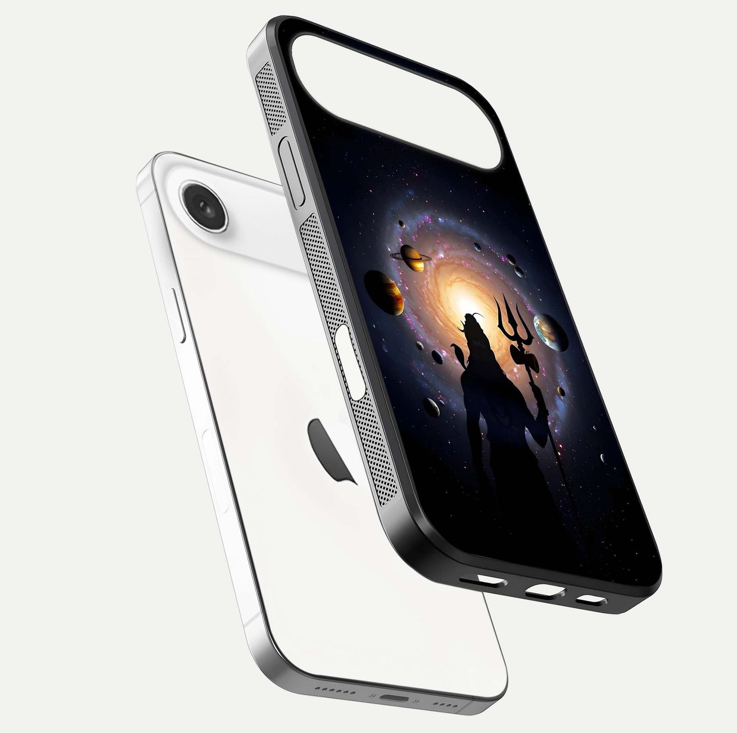 Galactic Shiva Vision Glass Case for iPhone Air  floating dual-view mockup displaying vibrant cosmic colors and smooth gloss texture