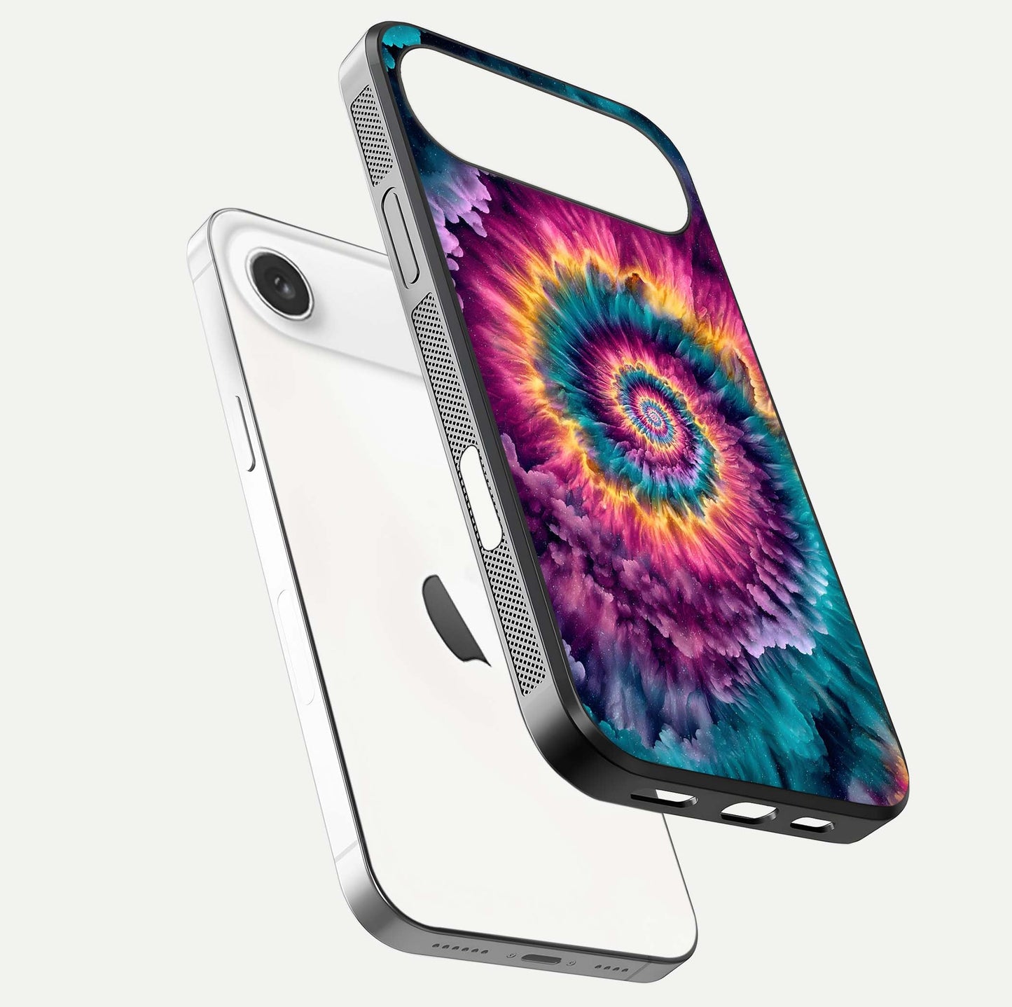 Galactic Spiral Burst Glass Case for iPhone Air  floating dual-view mockup displaying light trails and smooth gloss shine