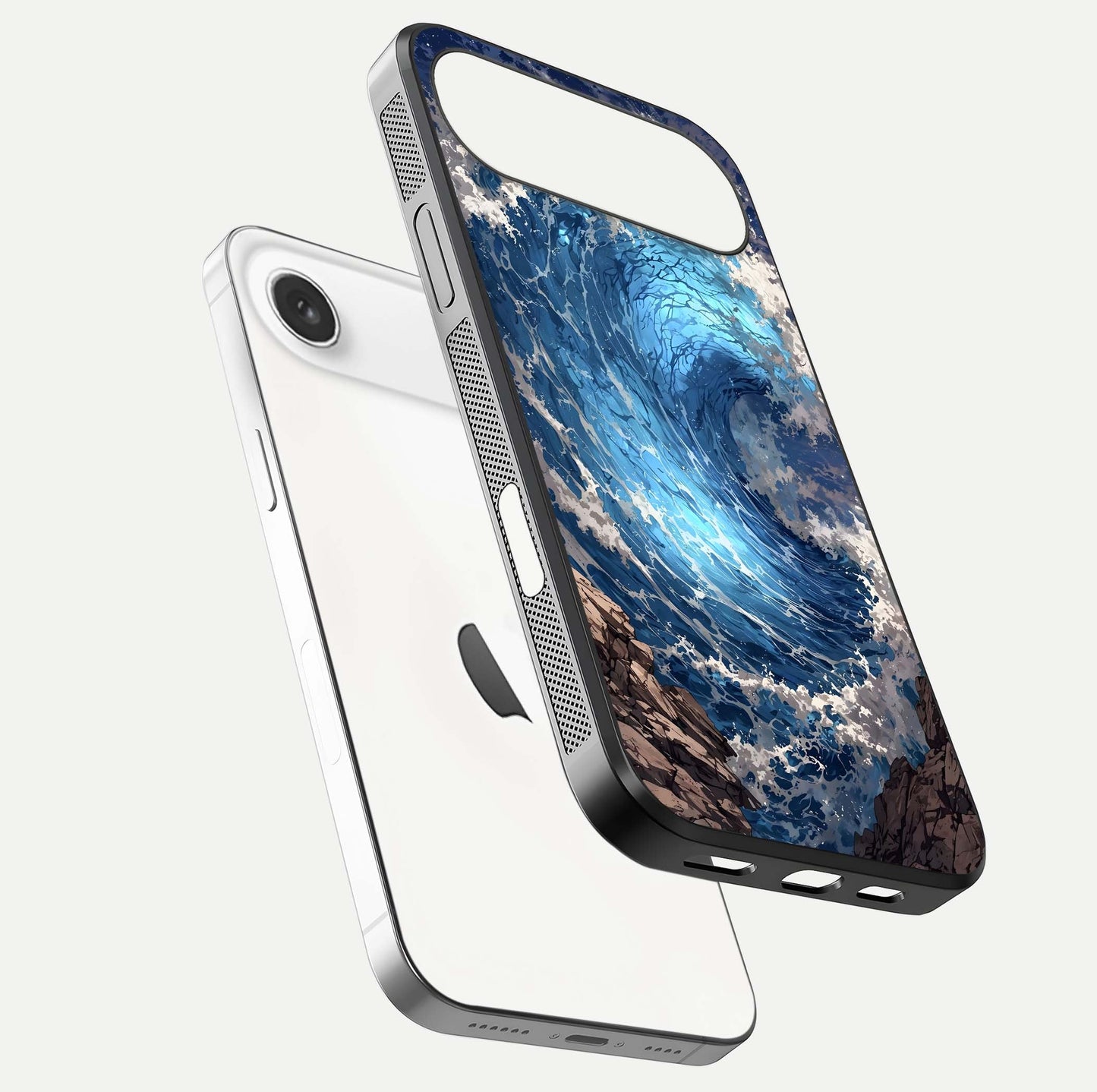 Giant Ocean Wave Glass Case for iPhone Air  floating dual-view mockup showing glossy depth and aquatic blue gradient