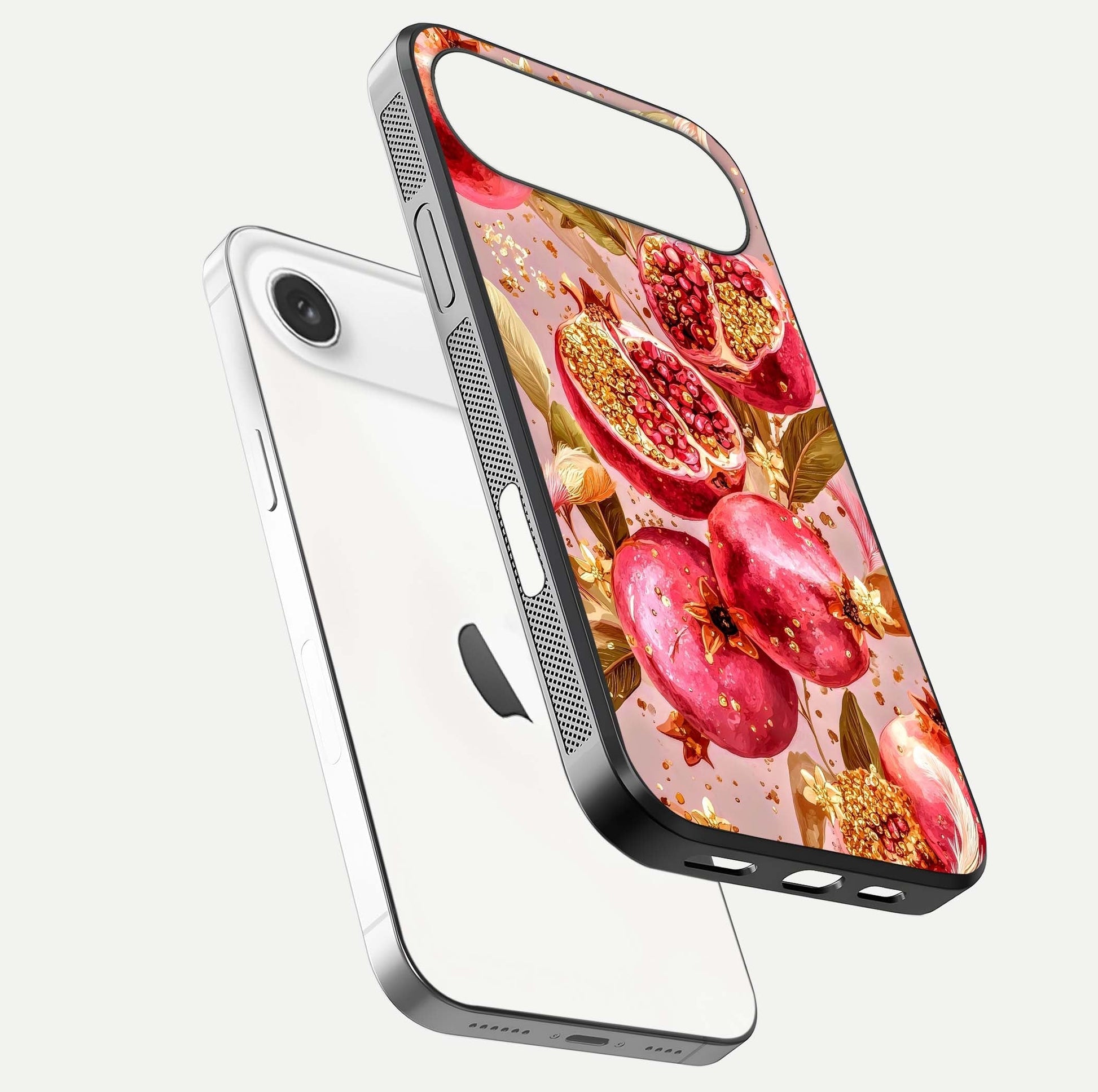 Golden Bloom Glow Glass Case for iPhone Air  floating dual-view mockup showing glossy shine and golden shimmer