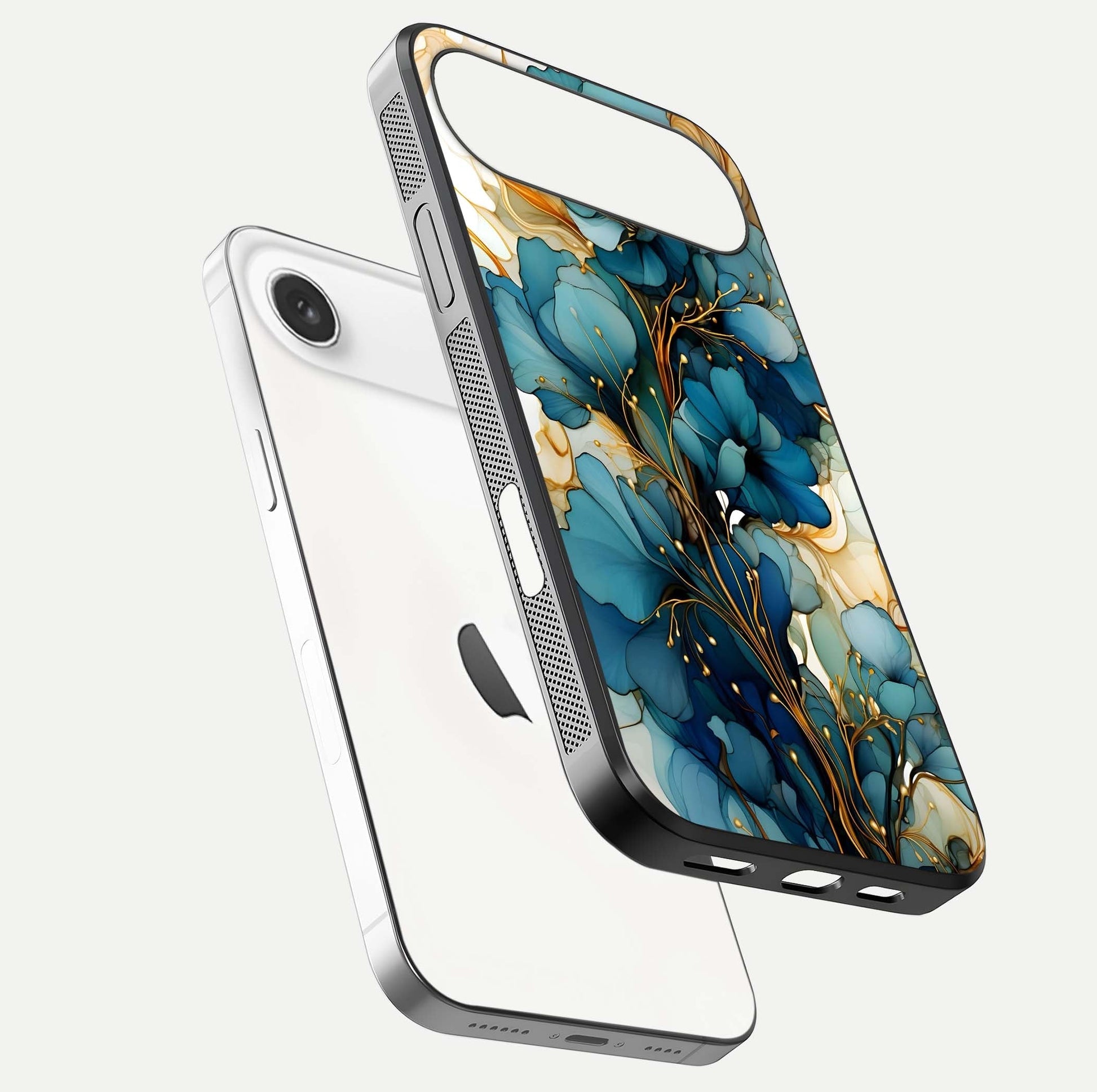 Golden Bloom Symphony Glass Case for iPhone Air  floating dual-view mockup displaying shine texture and luxury pattern