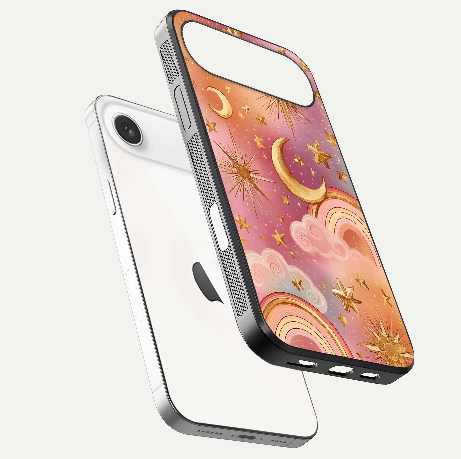 Golden Celestial Dreams Glass Case for iPhone Air  floating dual-view mockup showing gloss surface and dream-like glow