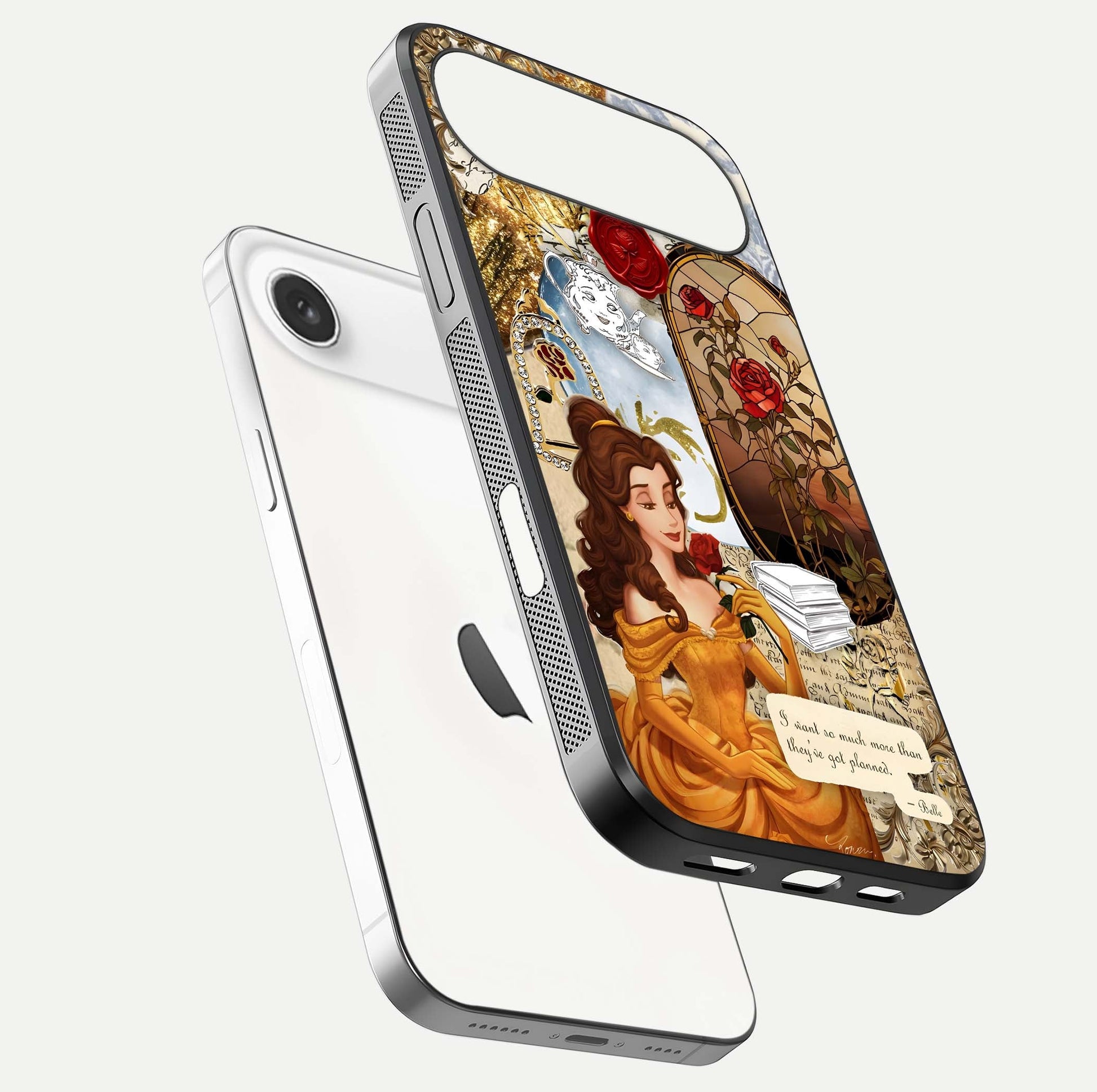 Golden Dream Belle Glass Case for iPhone Air  floating dual-view mockup highlighting gloss texture and elegant shimmer