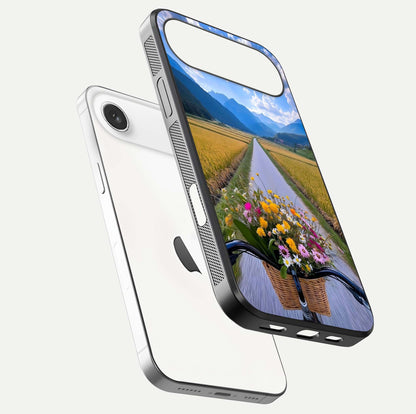 Golden Field Journey Glass Case for iPhone Air  floating dual-view mockup showing gloss surface and field depth