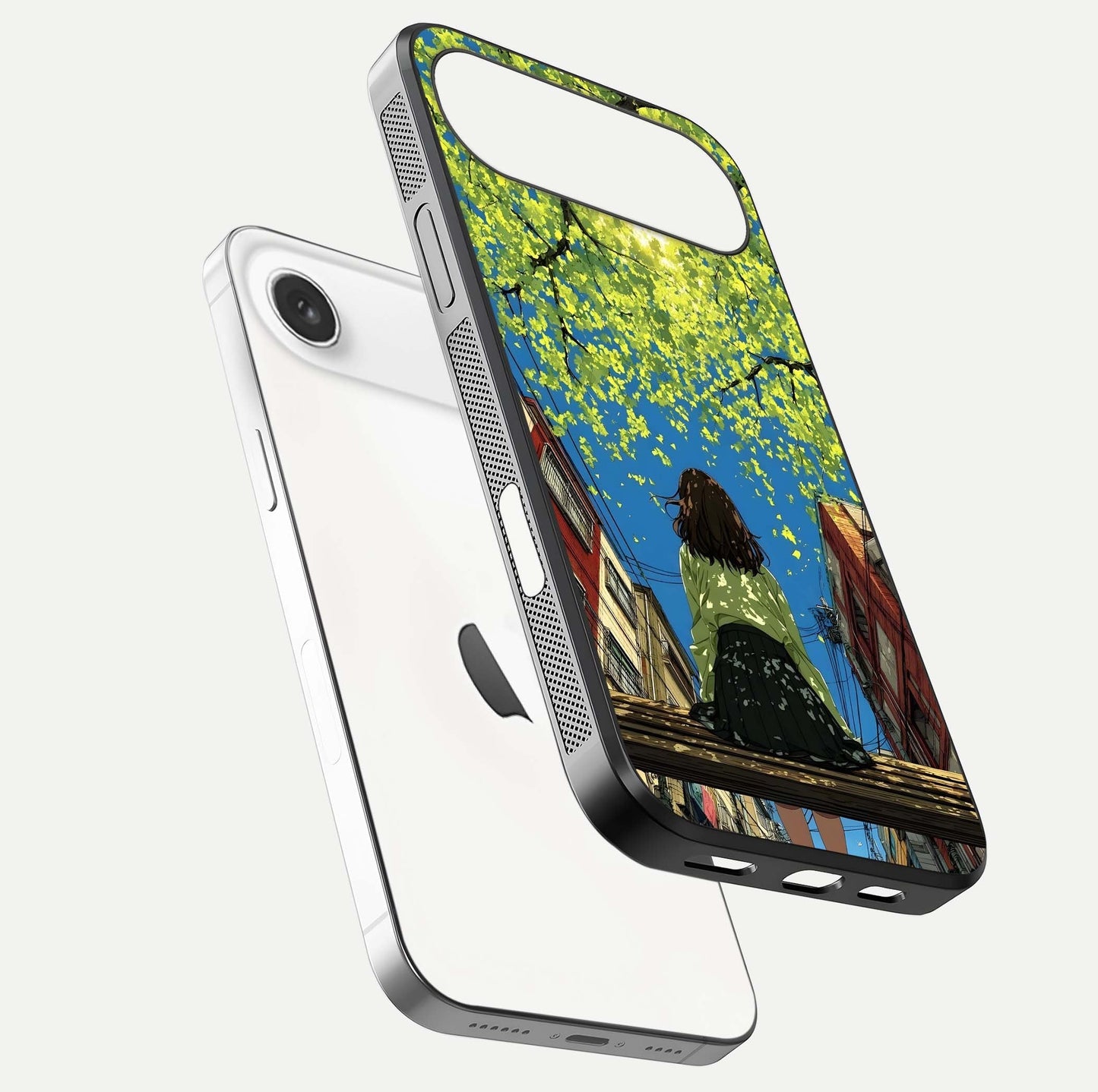 Golden Leaves Glow Glass Case for iPhone Air  floating dual-view mockup showing gloss depth and gold-leaf detail
