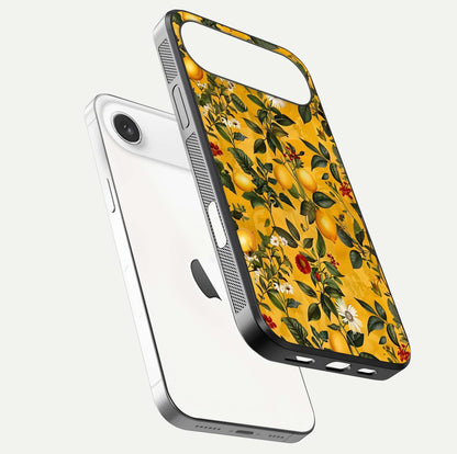 Golden Lemon Field Glass Case for iPhone Air  floating dual-view mockup showing gloss shine and yellow-gold palette