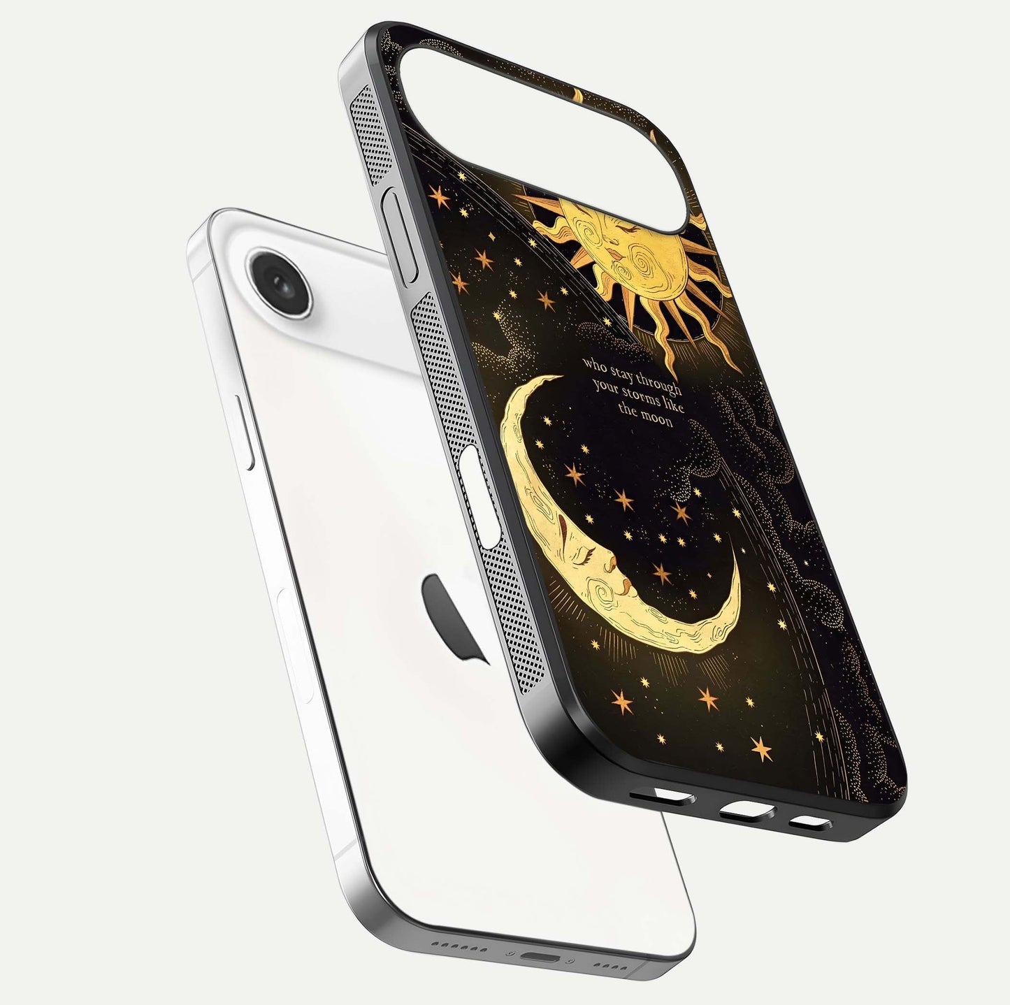 Golden Lunar Love Glass Case for iPhone Air  floating dual-view mockup showing glossy glow and romantic theme
