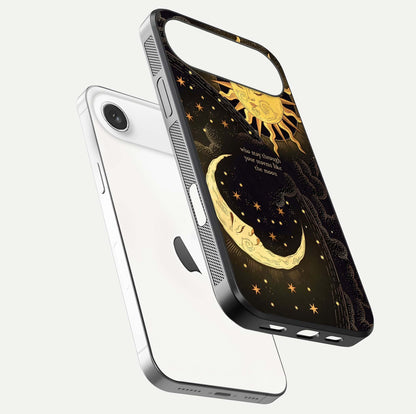 Golden Lunar Love Glass Case for iPhone Air  floating dual-view mockup showing glossy glow and romantic theme