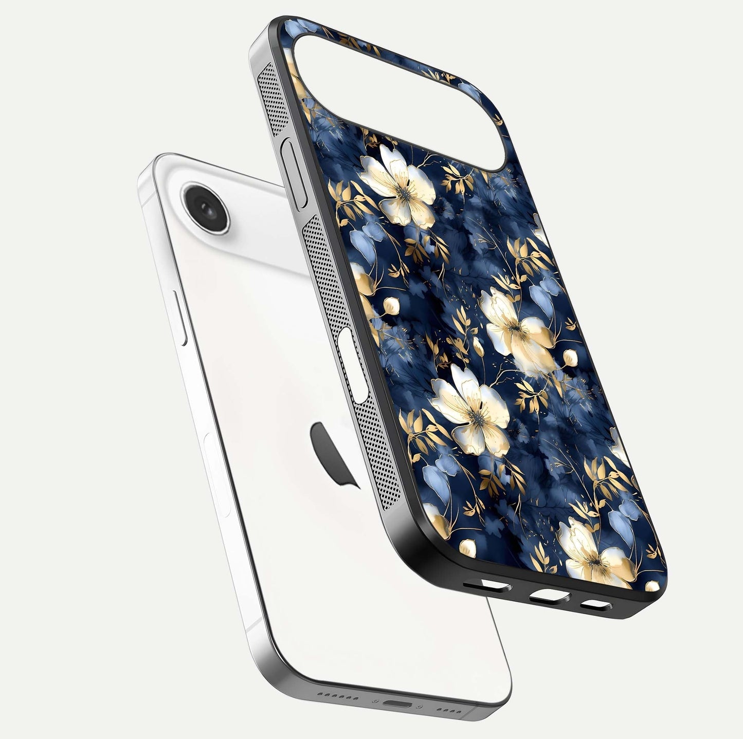 Golden Midnight Bloom Glass Case for iPhone Air  floating dual-view mockup showing gloss polish and metallic reflection