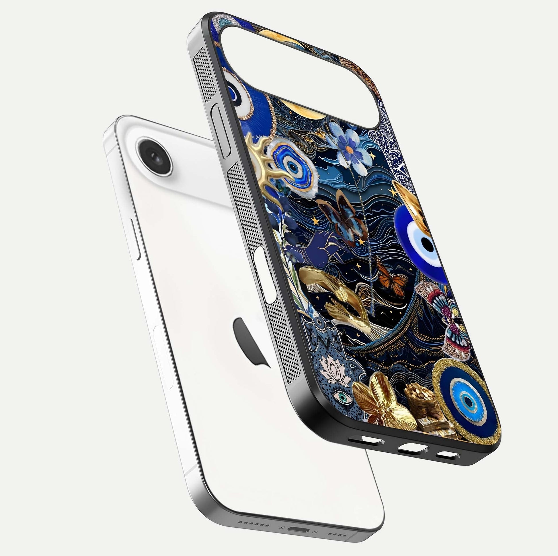 Golden Moon Magic Glass Case for iPhone Air  floating dual-view mockup showing gloss texture and golden illumination