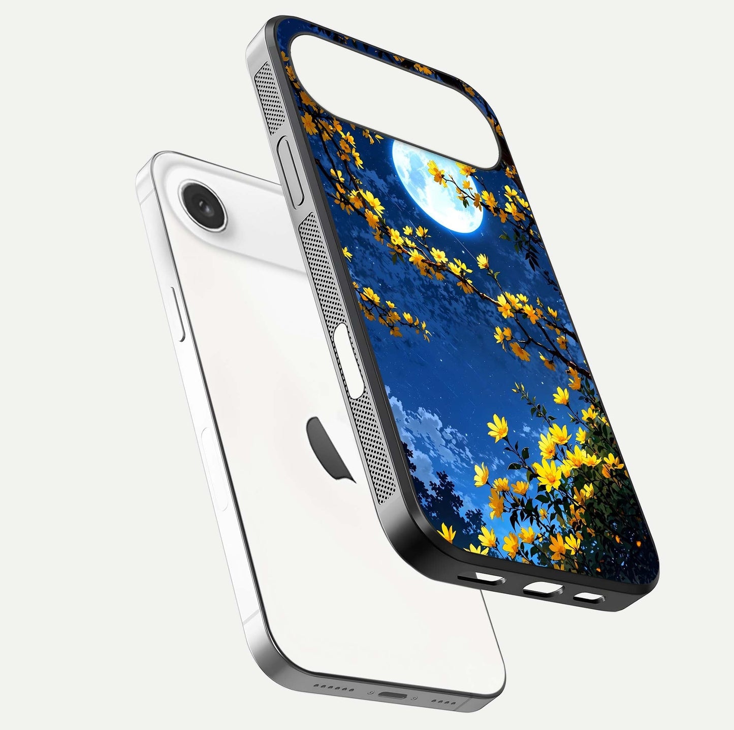 Golden Night Glow Glass Case for iPhone Air  floating dual-view mockup showing gloss polish and luxury shine