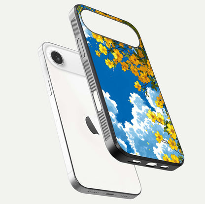 Golden Petal Sky Glass Case for iPhone Air  floating dual-view mockup showing gloss brilliance and gold detail
