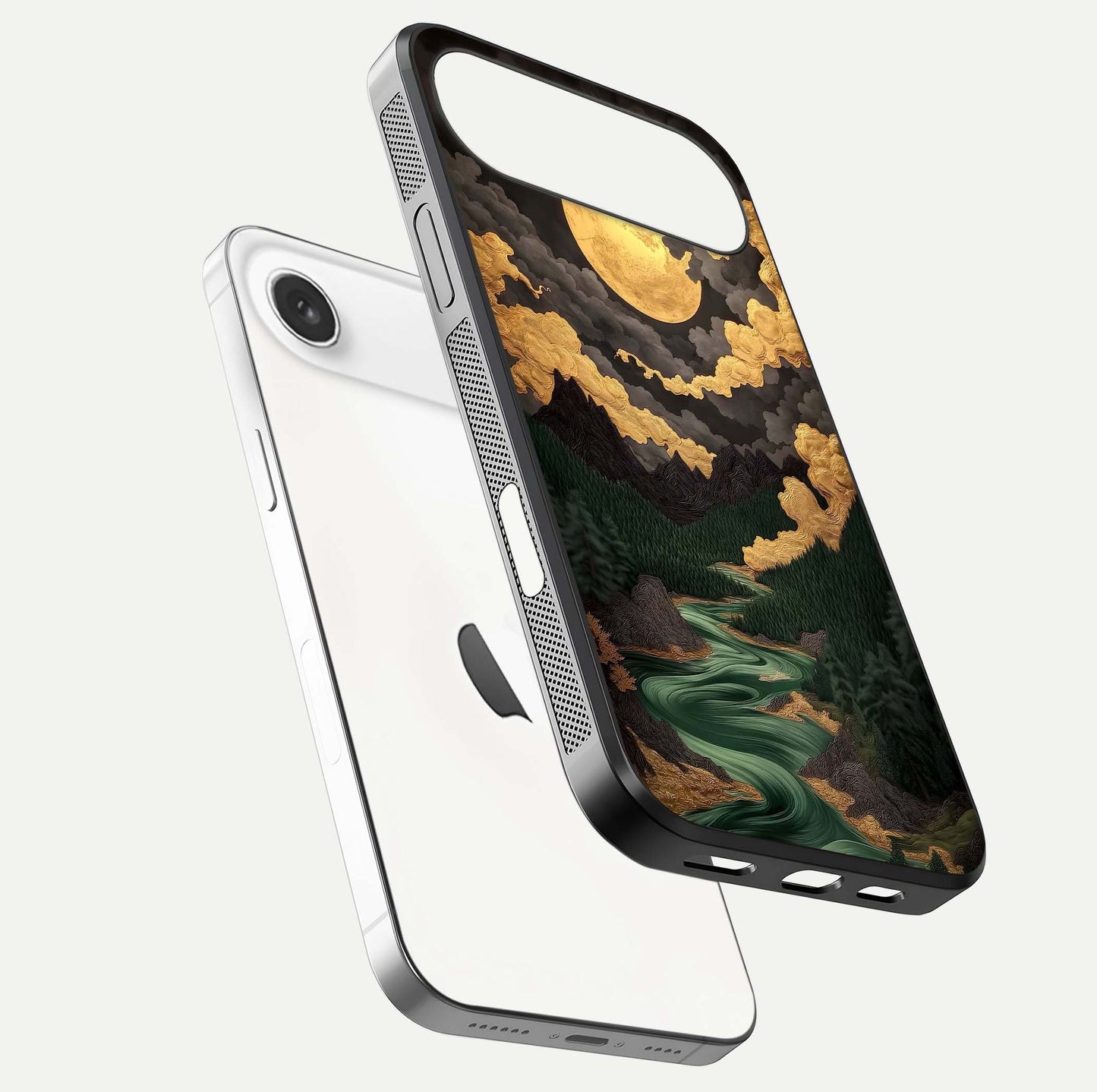 Golden River Moon Glass Case for iPhone Air  floating dual-view mockup showing gloss surface and luxury tone