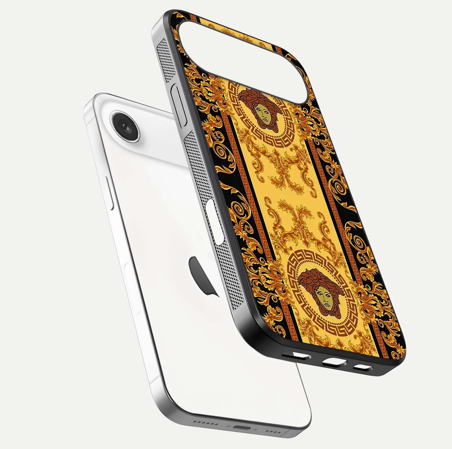 Golden Royal Heritage Glass Case for iPhone Air  floating dual-view mockup showing glossy surface and rich regal tone
