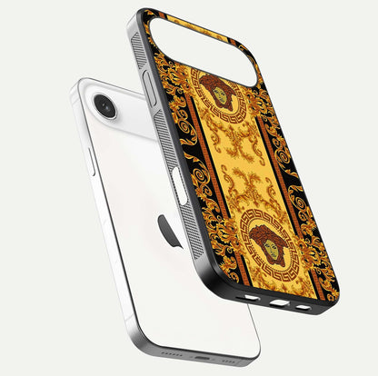 Golden Royal Heritage Glass Case for iPhone Air  floating dual-view mockup showing glossy surface and rich regal tone