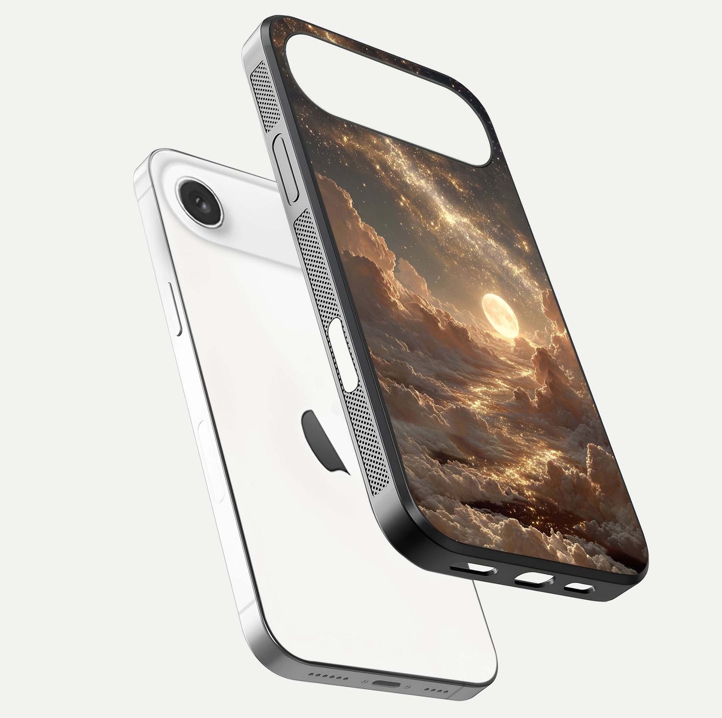 Golden Sky Dream Glass Case for iPhone Air  floating dual-view mockup showing gloss depth and elegant finish