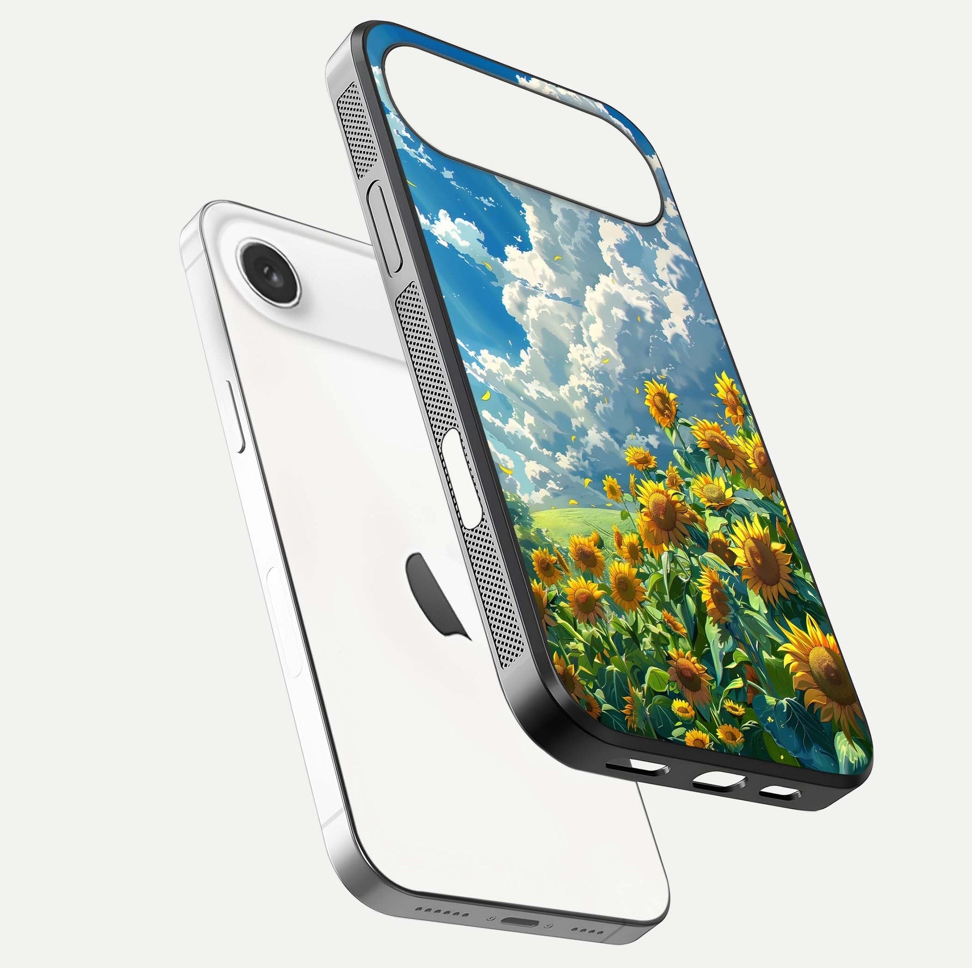 Golden Sun Glory Glass Case for iPhone Air  floating dual-view mockup showing gloss shine and premium surface