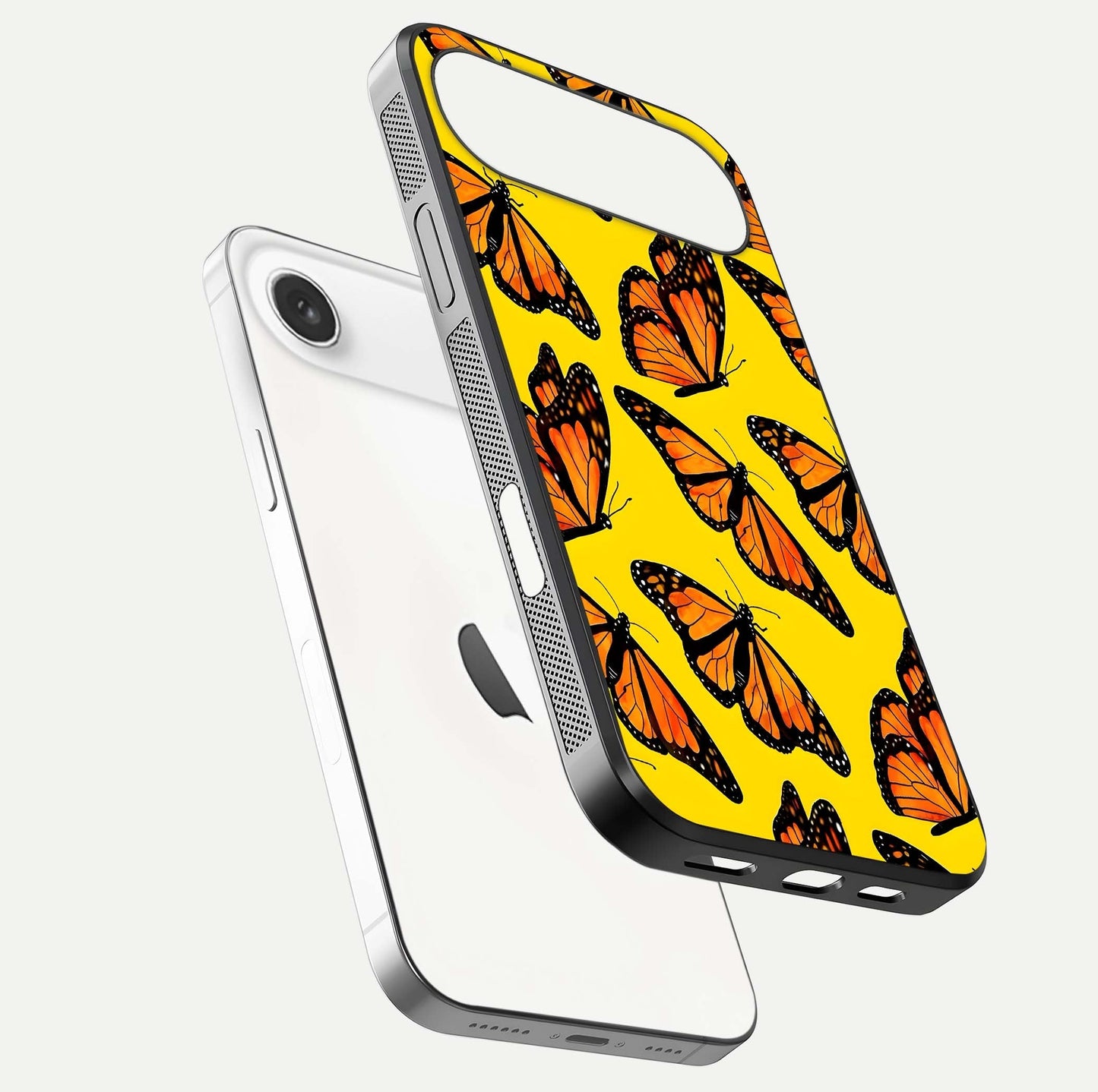Golden Wing Flight Glass Case for iPhone Air  floating dual-view mockup showing gloss reflection and luxury tone