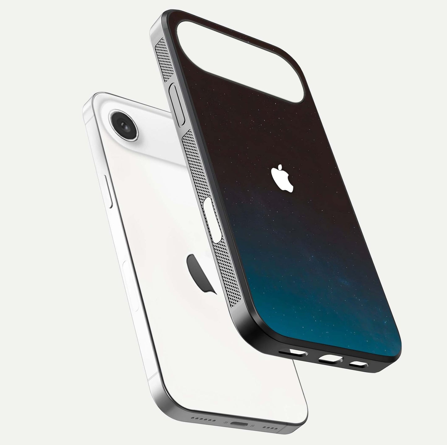 Green Emerald Apple Logo Glass Case for iPhone Air  floating dual-view mockup showing glossy shine and premium color tone