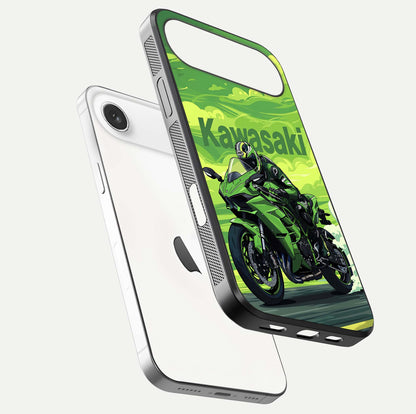 Green Kawasaki Glass Case for iPhone Air  floating dual-view mockup showing gloss surface and power-bike theme