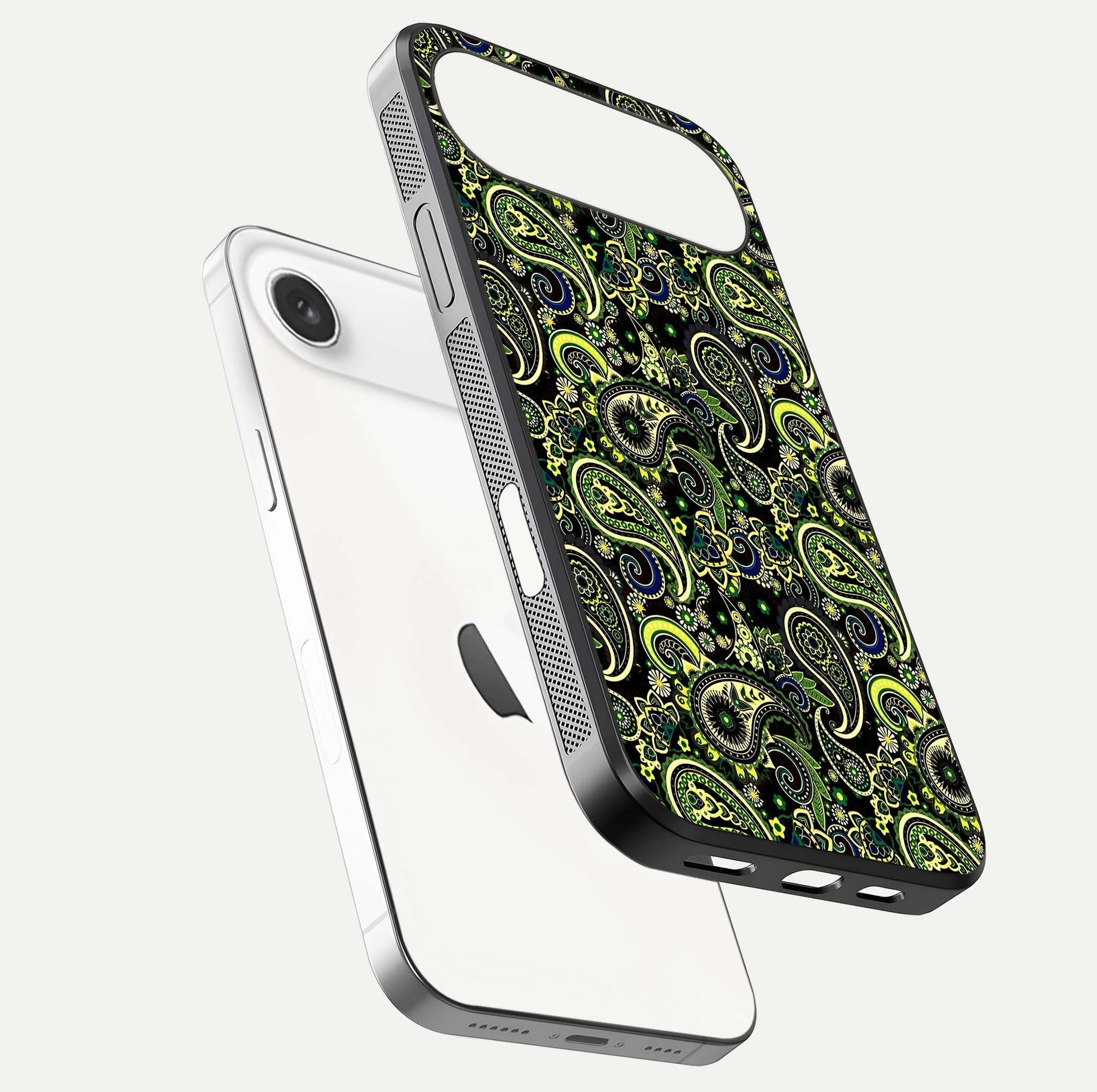 Green Mandala Pattern Glass Case for iPhone Air  floating dual-view mockup showing gloss texture and symmetry shine