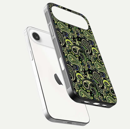 Green Mandala Pattern Glass Case for iPhone Air  floating dual-view mockup showing gloss texture and symmetry shine