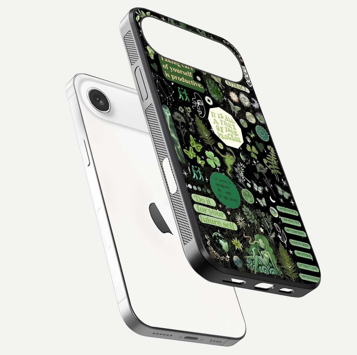 Green Moon Energy Glass Case for iPhone Air  floating dual-view mockup showing glossy texture and energy aura