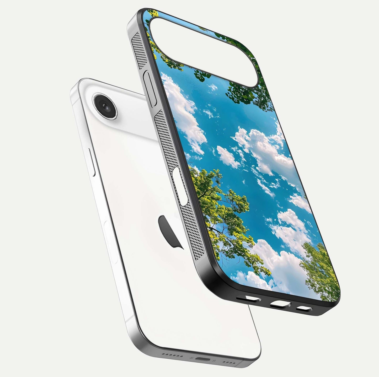 Greenery Sky Glass Case for iPhone Air  floating dual-view mockup showing glossy shine and soft natural tones